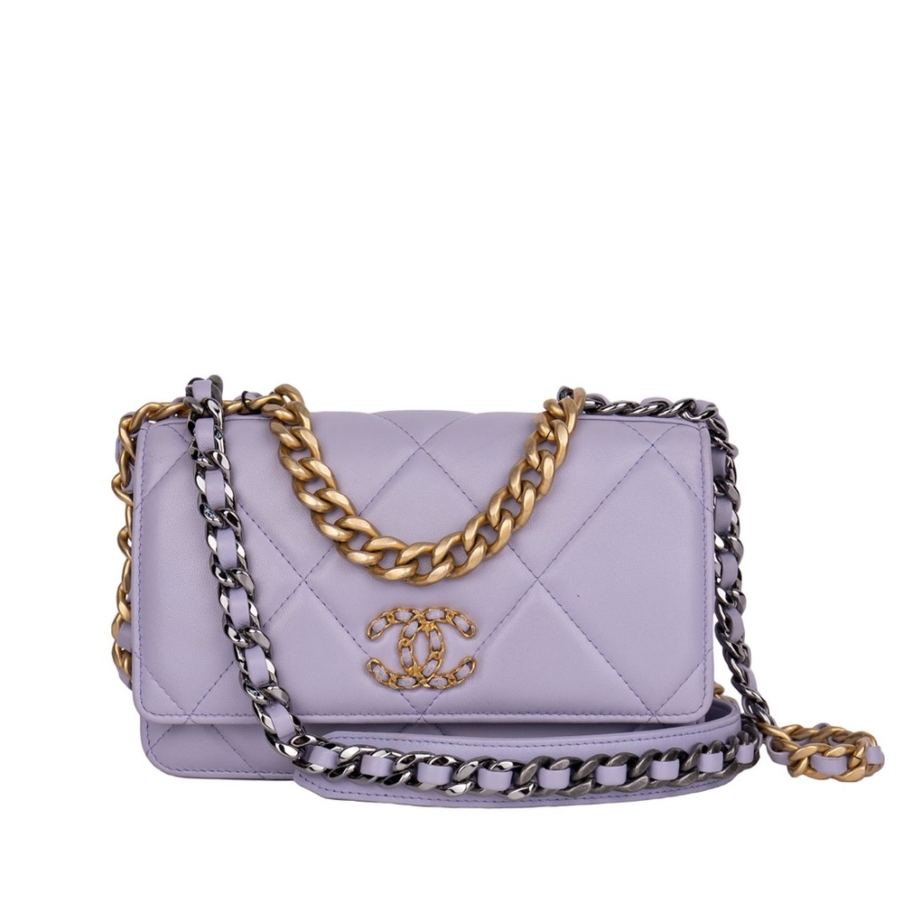 CHANEL 
Lambskin Quilted Chanel 19 Wallet On Chain WOC Light Purple